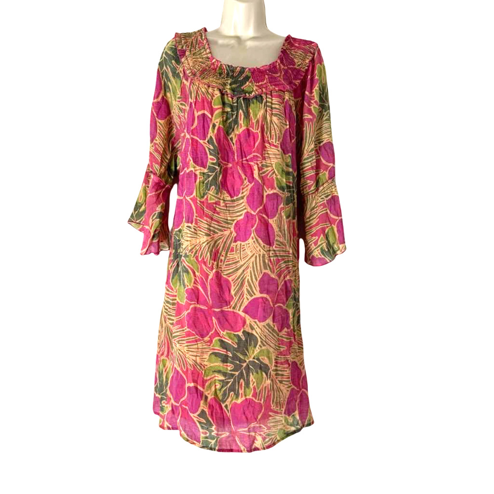 Mlle Gabrielle Womens Pink Green Casual Floral Tropical Print Dress Lined sz XL